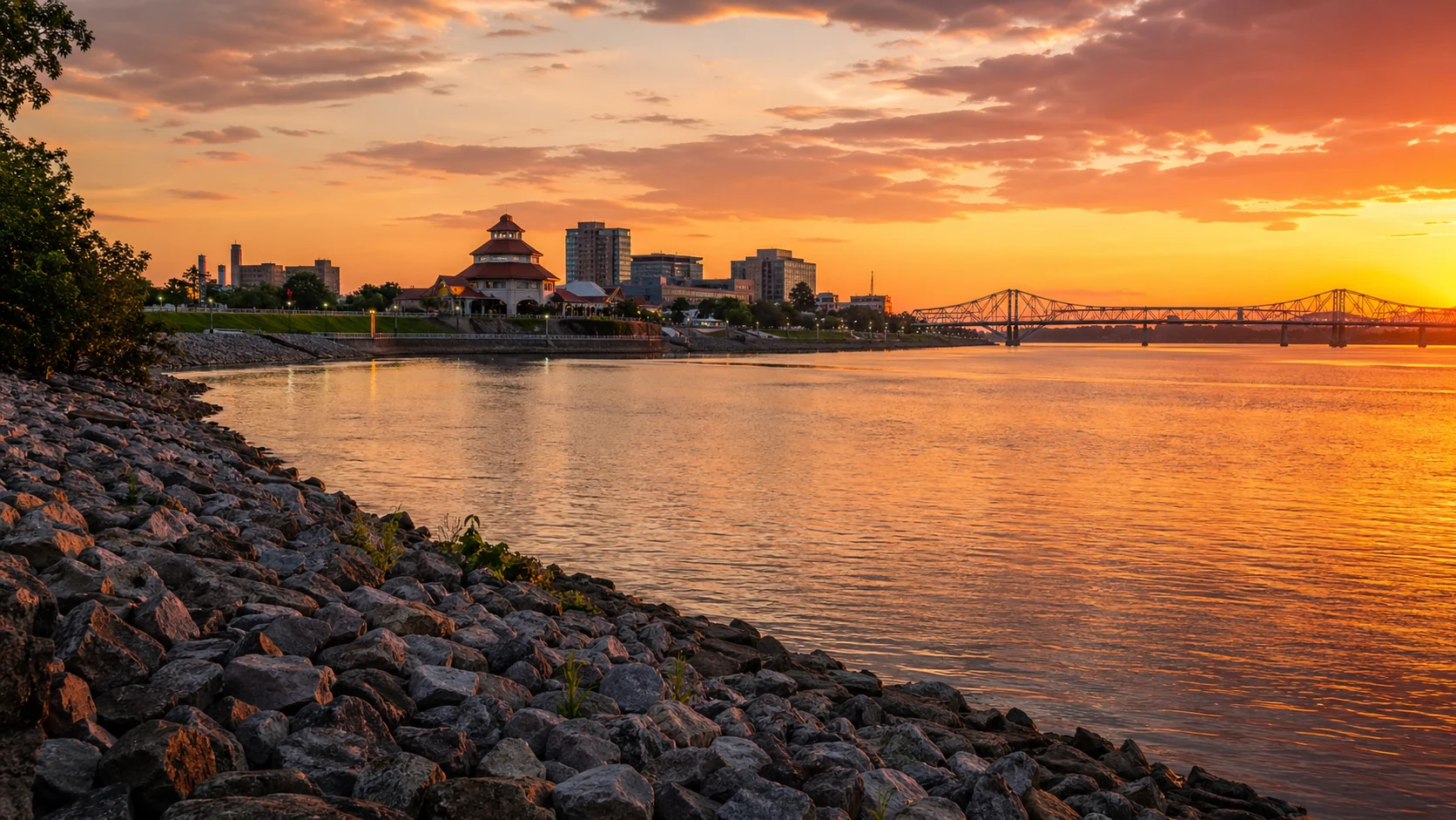 Evansville Ohio River riverfront at sunset