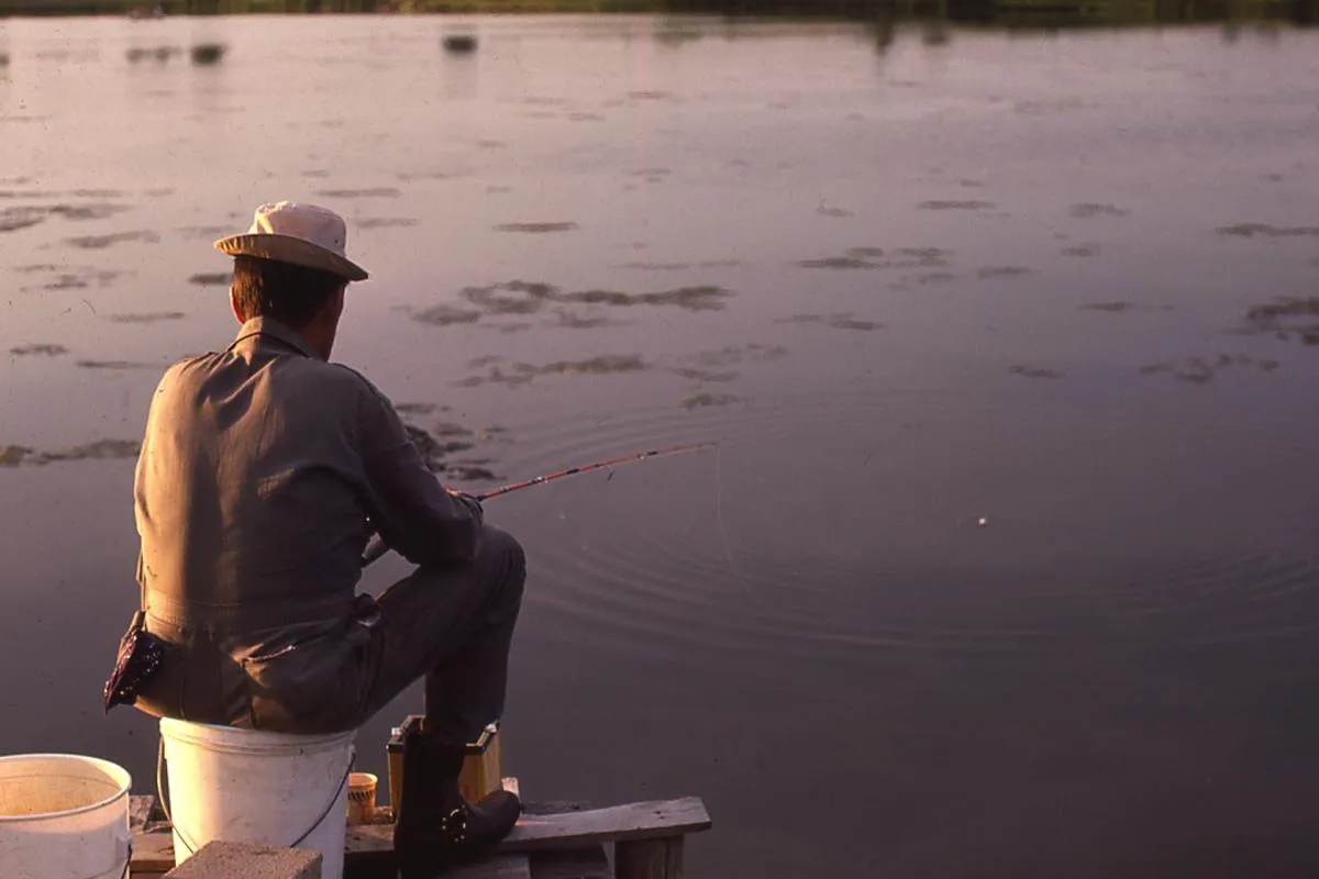 Angler fishing from dock at sunset