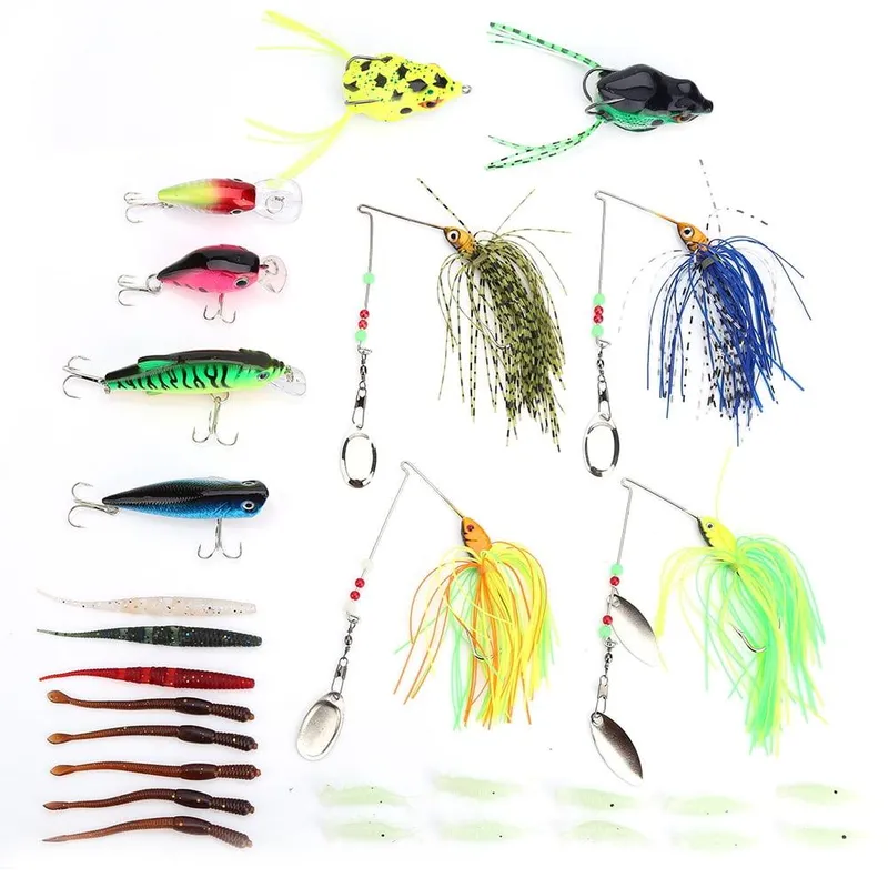 Bass lures including spinnerbaits and frogs