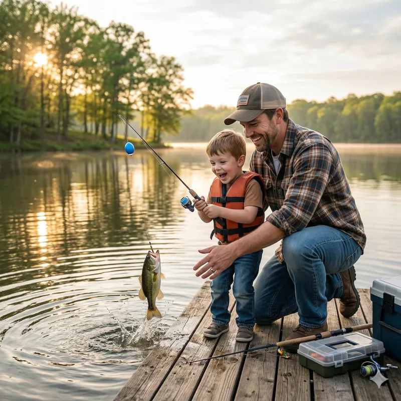 Father and child fishing together