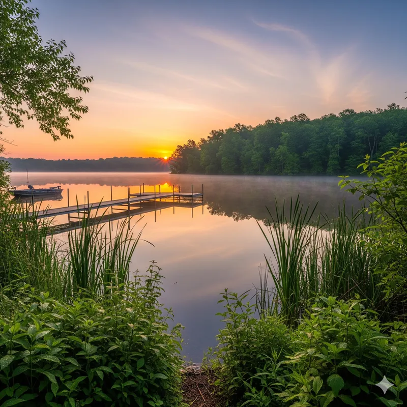 Fishing dock at sunrise on an Indiana lake — bathymetric depth maps for 257 Indiana lakes