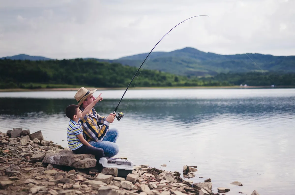 Father and son fishing at Indiana lake