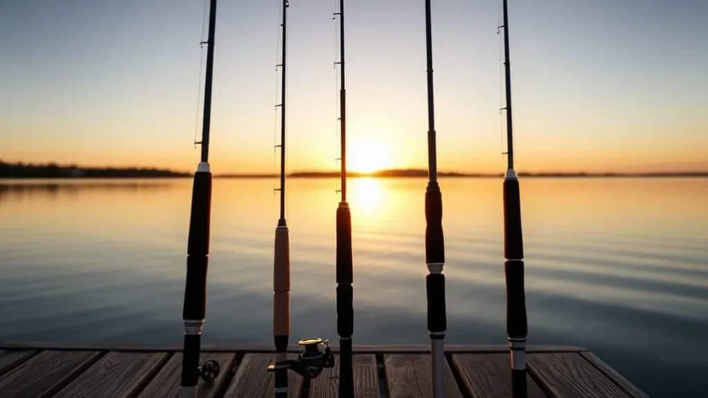 Fishing rods on dock at sunset