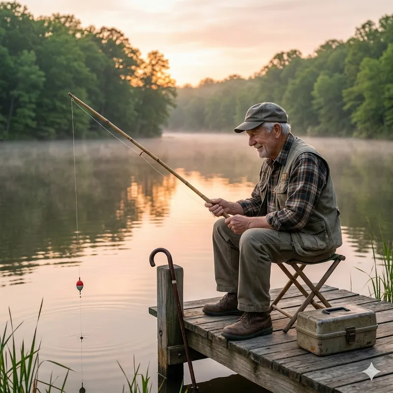 Grandfather and grandson fishing together on an Indiana lake near Indianapolis, Indiana