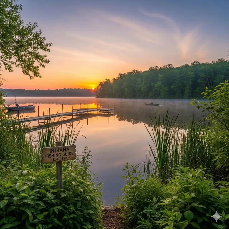 Indiana lakeside dock at sunset — DNR-licensed fishing guides and Lake Michigan charters