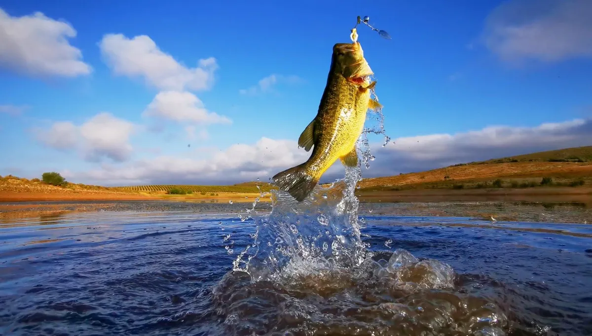 Largemouth bass jumping out of water with lure