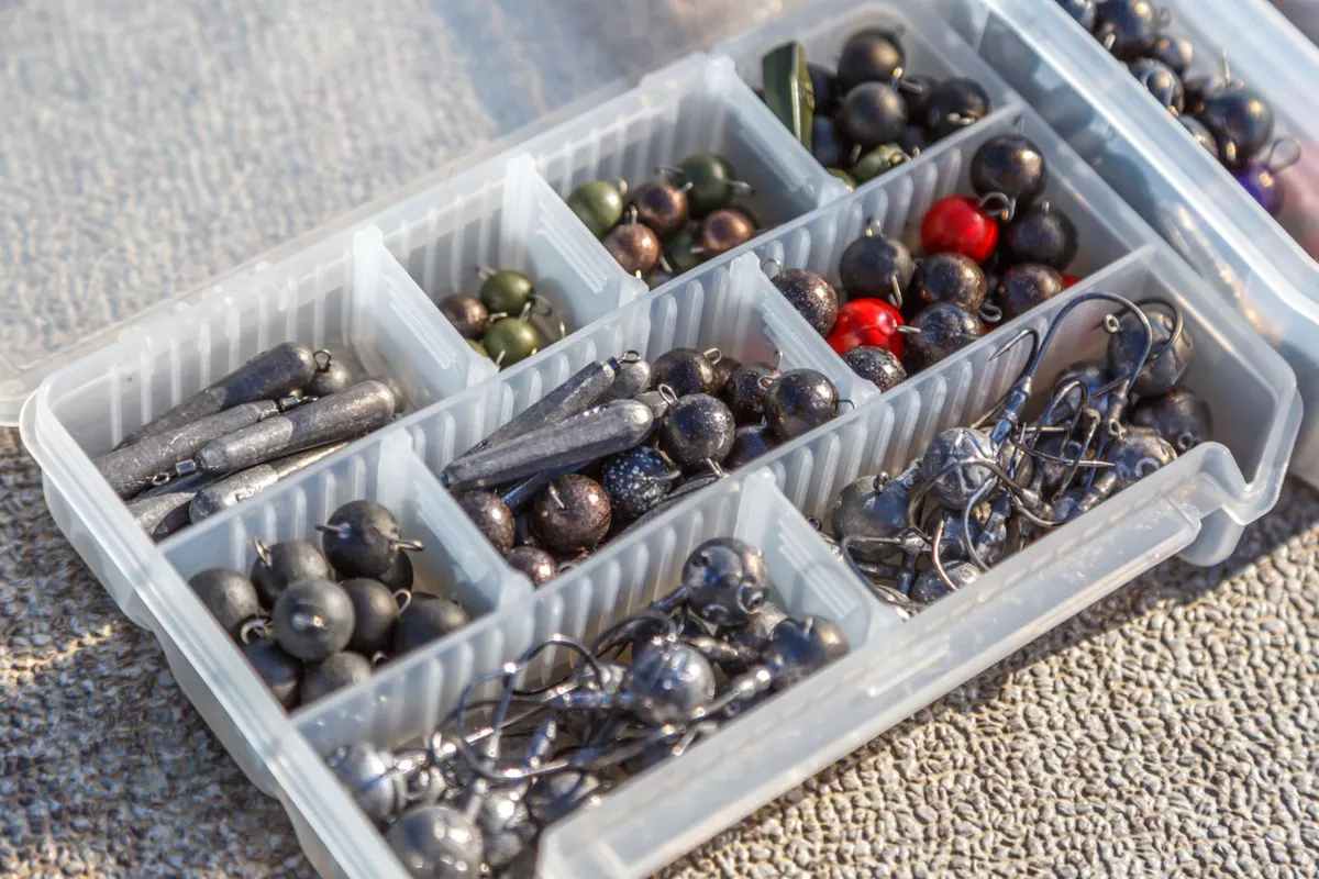 Tackle box with sinkers and hooks