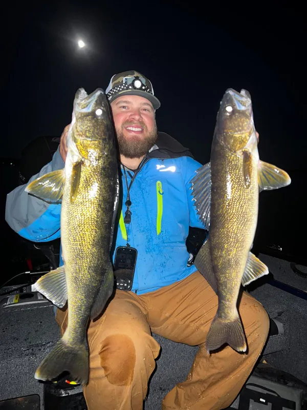 Double walleye catch during night fishing